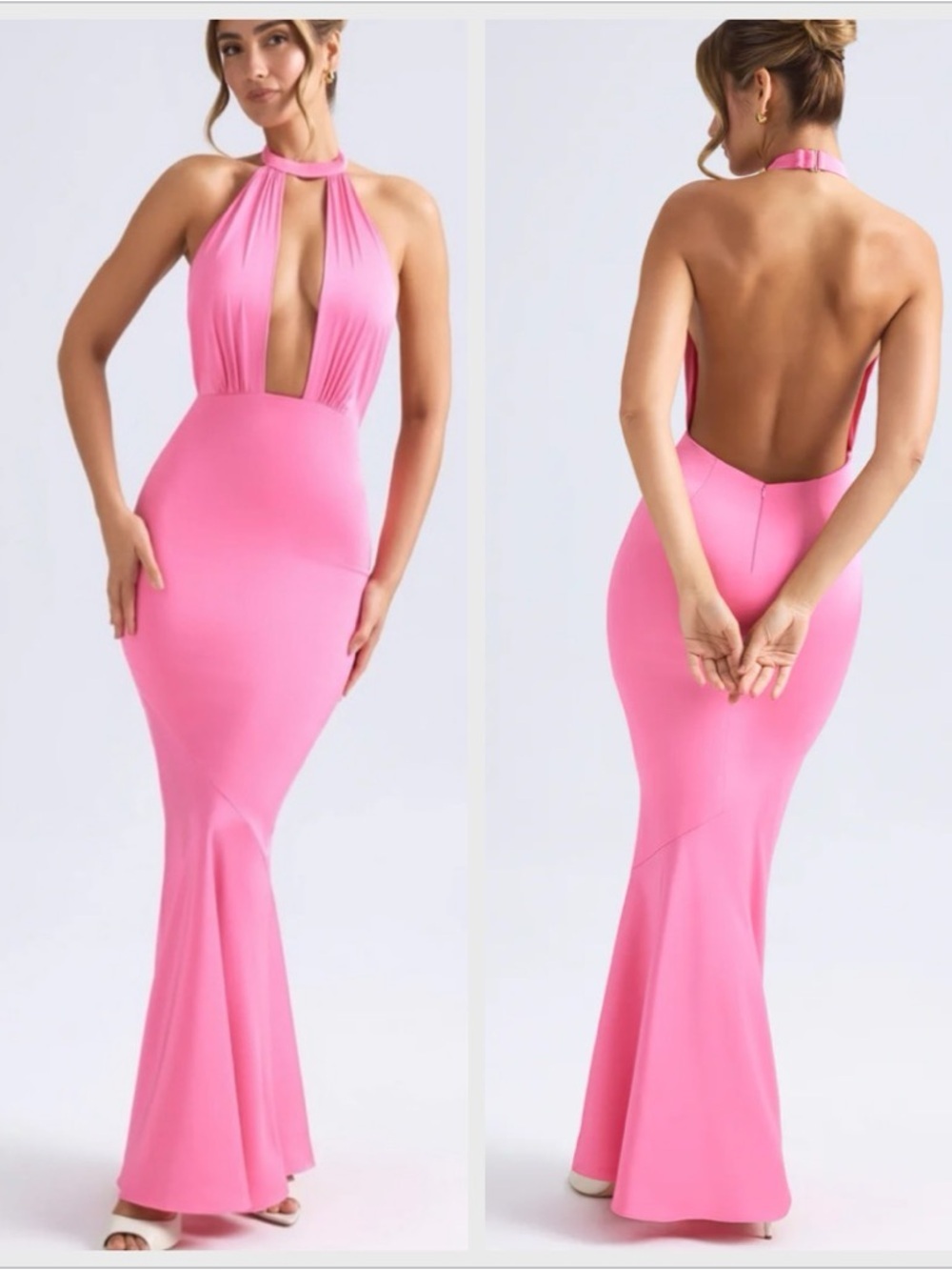 Oh Polly Pink Plunging Halter Neck Satin Maxi Gown New with Tags size 10